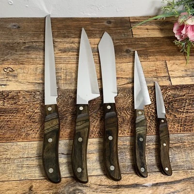 Punta de flecha EKCO - 5 cuchillos de chef de colección con mango de madera de sable - Hecho en EE. UU. Foto 1 de 4