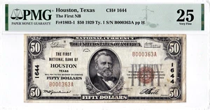 $50 1929 T1 National HOUSTON Texas TX 🇺🇸 Fancy Radar Serial # 🇺🇸 PMG 25 VF - Picture 1 of 2