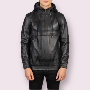 Men's Handmade Lambskin Leather Hoodie Premium Soft Leather Hoodie Zipper Style - Picture 1 of 5