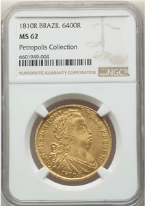 Brazil 1810 R Gold João Prince Regent 6400 Reis MS62 NGC, ex Petropolis! - Picture 1 of 2
