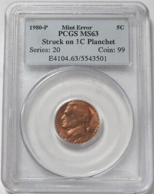 1980 JEFFERSON 5 CENT STRUCK ON CENT PLANCHET USA MINT ERROR PCGS MINT STATE 63 - Image 1 of 4