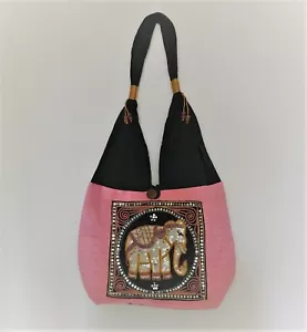 Pink Cotton Shoulder Bag with Sequined Elephant Design - Picture 1 of 3