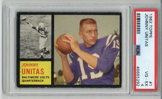 1962 TOPPS #1 JOHNNY UNITAS FOOTBALL CARD BALTIMORE COLTS PSA 4 LOW POP RARE - Image 1 of 2