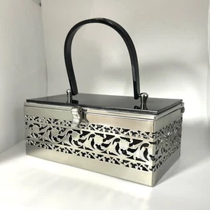 Lucite Silver Tone Metal Pierced Floral Purse Trinket Vanity Box Case Vintage - Picture 1 of 8