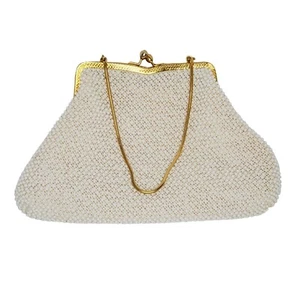 Vintage 50s B. B. BB Beaded Purse Clutch White Beads Goldtone Chain Polka Dot - Picture 1 of 11
