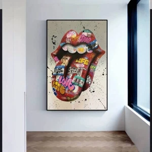 Graffiti Lips & Tongue Colourful Canvas Art Picture 60cm x 40cm. R116 - Picture 1 of 8