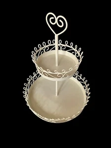 Cupcake Stand 2 Tier White Metal With Wire Embellishment 10x19x2.5” - Picture 1 of 6