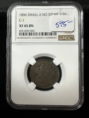 1806 Draped Bust Half Cent, Small 6, No Stems, XF45 BN NGC - Image 1 of 3