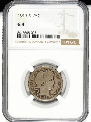 1913 S NGC G 4 Barber Silver Quarter ☆☆ Circulated ☆☆ Key Date 003 - Image 1 of 2