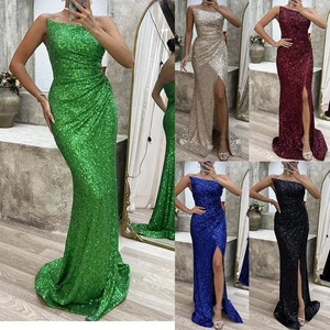 Strapless Women Party Dress Solid Color Sequin Long Split Elegant Evening Dress - Picture 1 of 32
