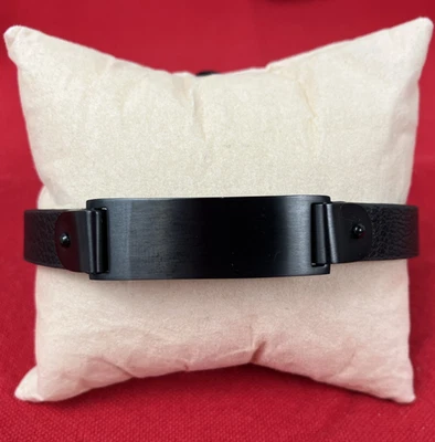 Браслет идентификационный гравируемый долото черный матовый нержавеющая сталь черная кожа - $187 - Изображение 1 из 4