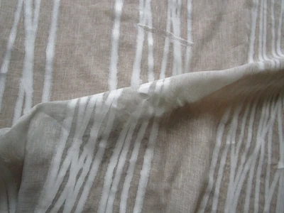 Carolyn Ray Handpainted White lines on pale greige Linen sheer 70"x56" imperfect - Image 1 of 4