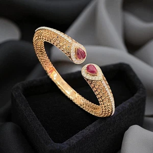 Gorgeous 3.70 TCW Round Brilliant Cut F/VS1 Diamonds Ruby Cuff Bracelet 18K Gold - Picture 1 of 17