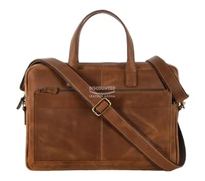 Laptop Bag Crazy horse Leather Briefcase Shoulder Office Travel Messenger Bag - Picture 1 of 10