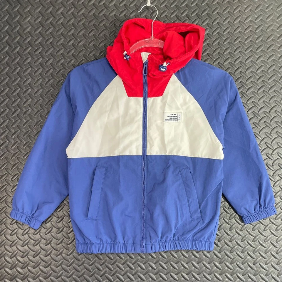 Jaqueta ZARA azul vermelha branca corta-vento zíper completo casual infantil tamanho 7 - Imagem 1 de 4