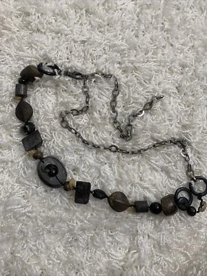 Chico's Chunky Chain Waist Belt One Size Wood Beads Silver Pendants - Image 1 of 4