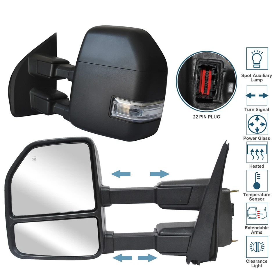Towing Mirrors For 17-20 Ford F350 F450 F550 Super Duty Power Heated Turn Signal - Image 1 of 4