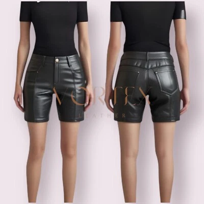 Shorts femininos de couro preto couro de cordeiro genuíno shorts estilo clássico - Imagem 1 de 4