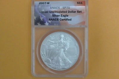 2007 W BURNISHED SILVER EAGLE ANACS SP70 ANNUAL DOLLAR  UNC SET LABEL- Toning - Image 1 of 4