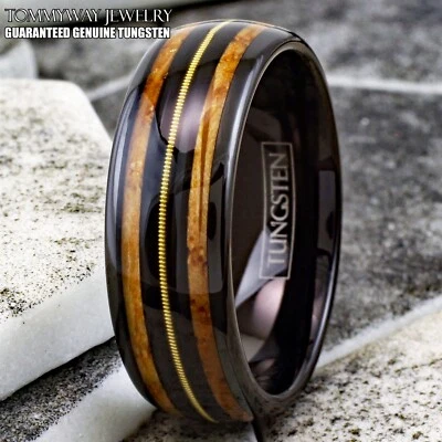8mm Black Tungsten Whiskey Barrel Wood w/ Guitar String Men's Wedding Band Ring - Image 1 of 4