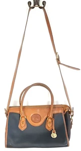 Vintage Dooney & Bourke Leather Handbag Purse Navy Blue Tan All Weather USA - Picture 1 of 19