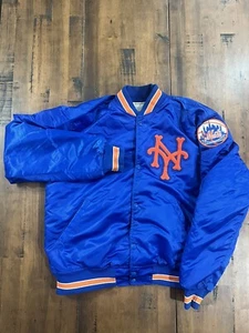 VINTAGE 1980s MLB Starter NEW YORK METS Blue Nylon & Satin Bomber Jacket Sz L - Picture 1 of 7
