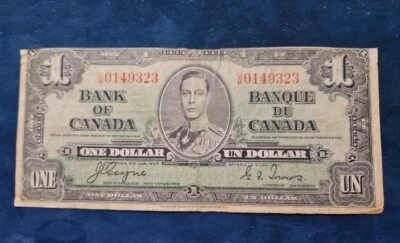 Nota de 1 dólar canadense 1937 (erro de corte desligado) - Imagem 1 de 2