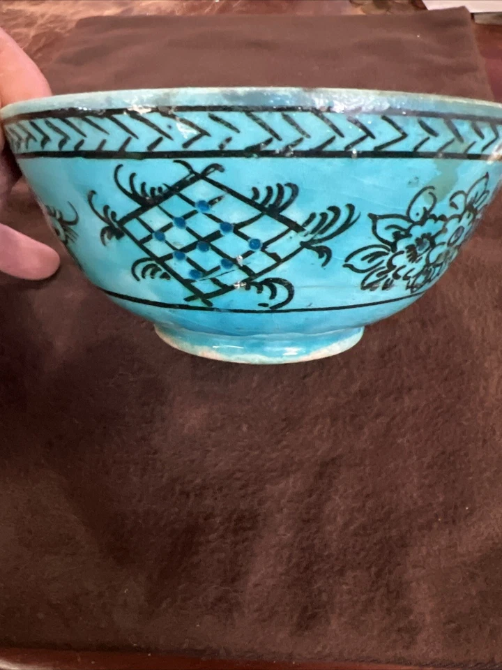 Early Antique  Turquoise Blue Glazed Persian Bowl Middle Eastern Repaired RARE - Image 1 of 4