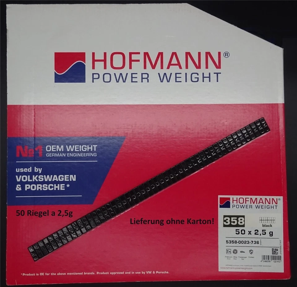 50x 2,5g Klebegewichte Hofmann Typ 358 OEM Zink schwarz 19x6,5mm VW+Porsche - Bild 1 von 1