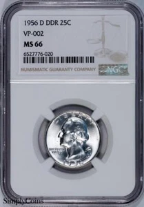 1956-D DDR VP-002 Washington Quarter NGC MS66 TOP POP US Silver Coin - Picture 1 of 12