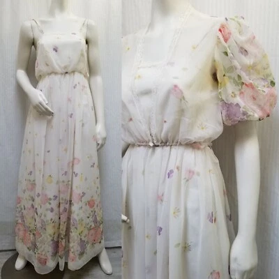 VESTIDO MAXI VINTAGE AÑOS 70 Floral Gasa con CHAQUETA A JUEGO - Talla XS Foto 1 de 4