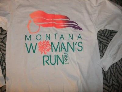 CAMISA DE COLECCIÓN 1990 MONTANA MUJER RUN MANGA LARGA BLANCA FOTL GRANDE HECHA EN EE. UU. COMO NUEVA Foto 1 de 3