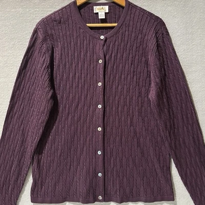TALBOTS Sweater Women Sz L Dark Wine 100% Silk Elegant Lux Cable Knit Cardigan - Image 1 of 4