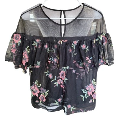 BB Dakota Sheer Embroidered Floral Top Womens M Black Whimsigoth romanticgoth - Image 1 of 4