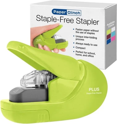 PLUS Paper Clinch Compact Staple Free Green Hand, Neon