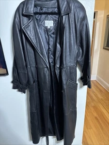Maxi gabardina chaqueta mediana vintage Valerie Stevens de cuero de cordero negro - Imagen 1 de 5