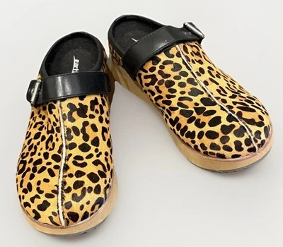 Earth Mules Womens 10 B Leopard Print With Black Adjustable Buckle Slip On Clogs - Image 1 of 4