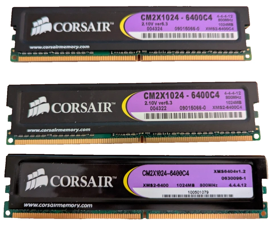 3GB (3×1GB) Corsair XMS2 DDR2-800 PC2-6400 RAM Low Latency 4-4-4-12 C4 - Image 1 of 2