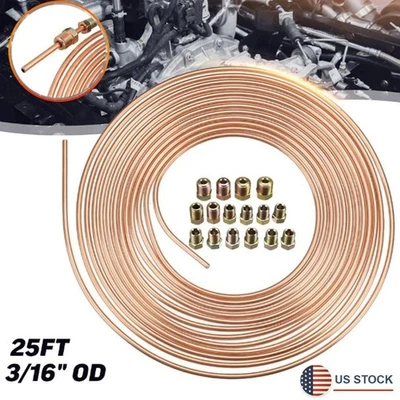 25ft Coil Roll 3/16" OD Copper Nickel Steel Brake Line Tubing + 16x Fittings Nut Foto 1 de 4