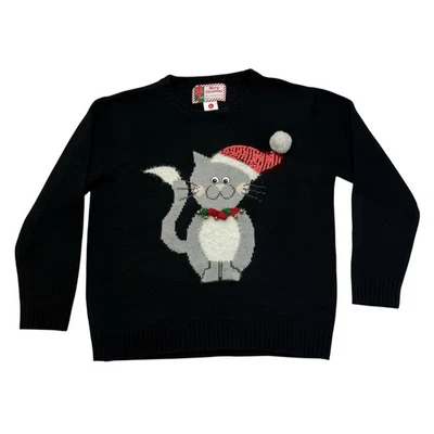 Suéter Feo Navidad Adulto Grande L Gato Negro Lentejuelas Campanas Manga Larga Vacaciones Foto 1 de 4