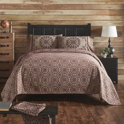 Custom House Burgundy Tan Jacquard King Coverlet 106Wx97L VHC Brands - Image 1 of 4