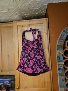 Lands' End Pink Purple Orange Floral Halter Swim Tankini Top Padded 14P Petite - Picture 1 of 3