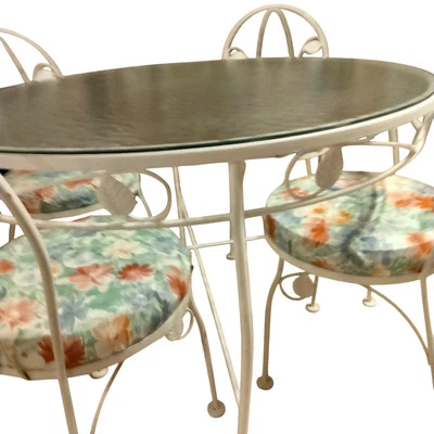 Juego de comedor vintage de hierro forjado de cinco piezas blanco con 4 asientos acolchados florales Foto 1 de 4