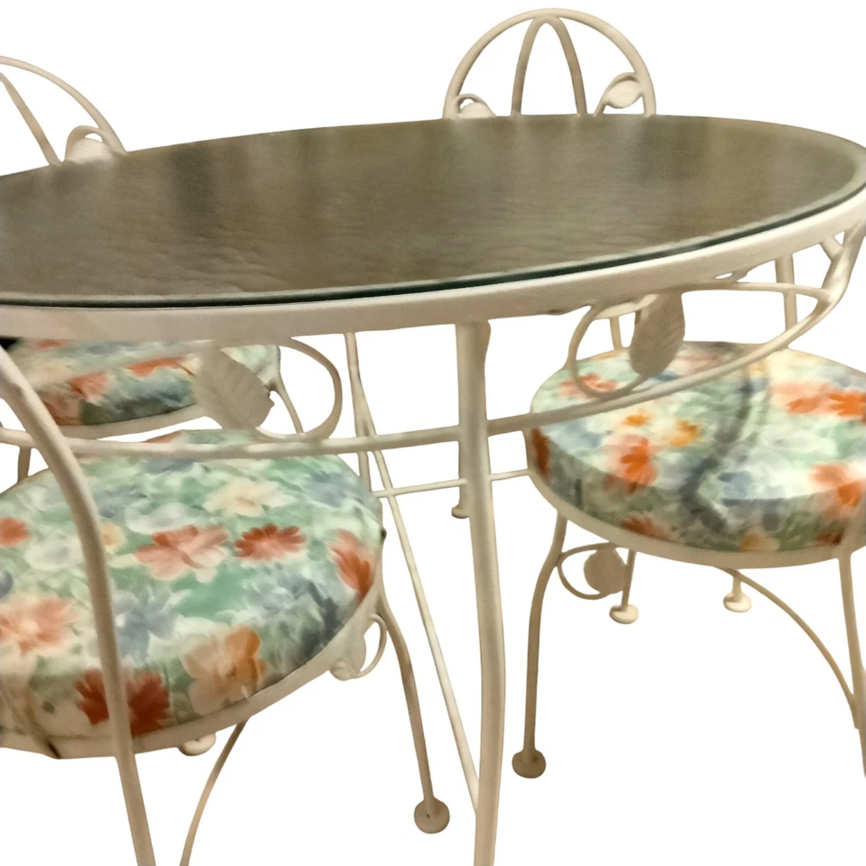 Wrought Iron Vintage Ivy Five Piece Dinette Set White With 4 Floral CushionSeats - Image 1 of 4