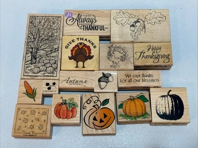 Fall Thanksgiving Rubber Stamp Set 16 pc Lot Wood Wooden Greetings #WS8 - Image 1 of 4