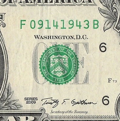 SEP 14 1943 Birthday Fancy Serial Number Date Note One Dollar Bill 09 14 1943 - Image 1 of 4