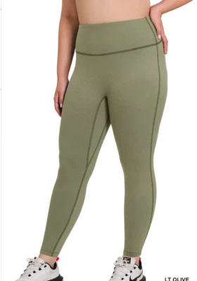 Zenana 2X 棉/氨纶拉丝超细纤维宽腰带打底裤浅橄榄色 — 第 1/4 张图片