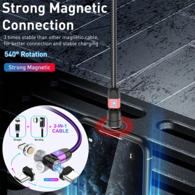 3 in 1 Magnetic Charging Cable 360°+180° Fast Charger Cable Rotating LED Type C - Image 1 of 4