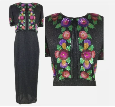 Laurence Kazar платье с куртка Sz M бисером блестки шелк макси цветочная вышивка - Изображение 1 из 4