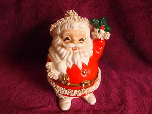 Vintage 1950's Japan Christmas Santa Claus Coin Bank Holly Spaghetti Gold Trim - Picture 1 of 13